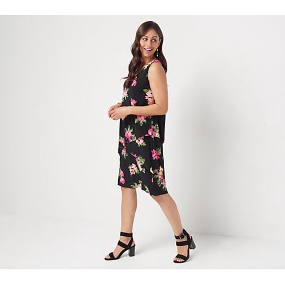 Susan Graver Liquid Knit Sleeveless Tiered Dress-Black/Floral Size 2X EUC - Picture 1 of 6